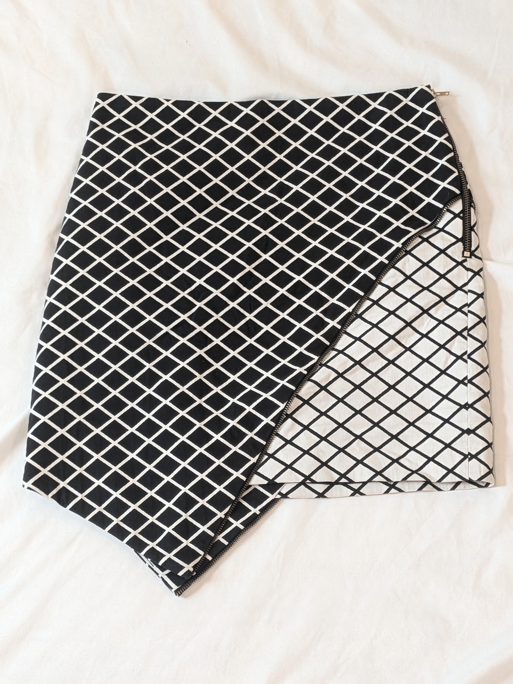 Bec & Bridge Black and White Asymmetric Zipper Checkeres Grid Mini Skirt